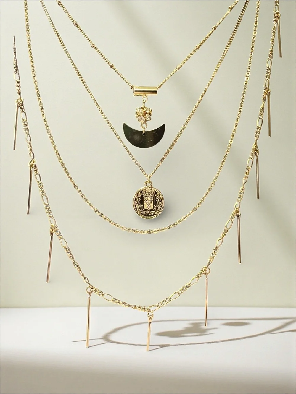 Gold 4 Layered Crescent & Coin Pendant Necklace Set - Picture 2 of 10